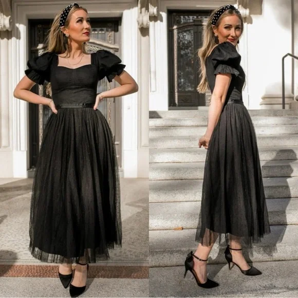 Ivy City Co. Ballerina Tulle Puff Sleeve Formal Midi Dress in Black - Picture 1 of 12